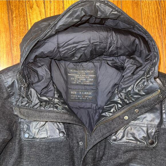 ALL SAINTS Spitalfields Men's Wool and Faux Leather Down Filled Parka Size XL - Picture 5 of 9